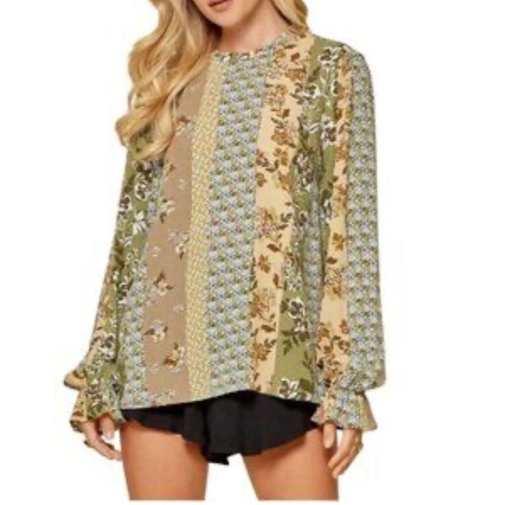 Women's Blouse Top Size 3X Boho Patchwork Floral Print Gauzy Crinkle Ruffle
